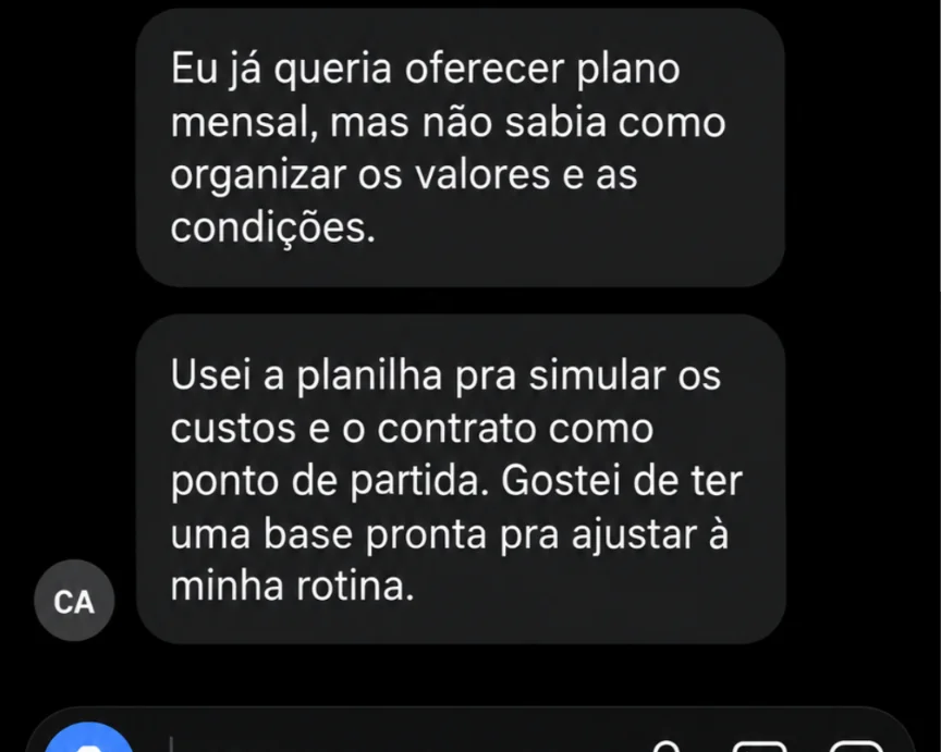 Depoimento sobre planilha de custos e contrato de plano mensal